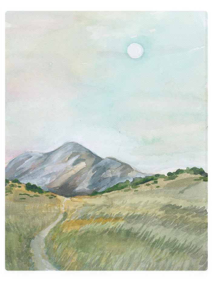 Daytime Mountain And Moon -  Watercolor Landscape