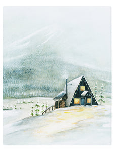 A-Frame Cabin Winter Wonderland -  Watercolor Landscape